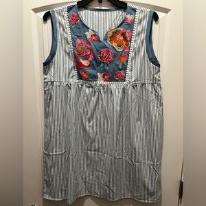 Trendy Boutique Striped Dress with Floral Embroidery